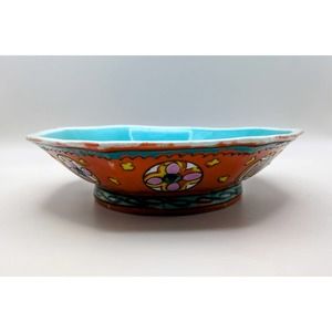 Antique 19th c. Chinese octagonal famille rose bowl, 8 symbols, orange turquoise